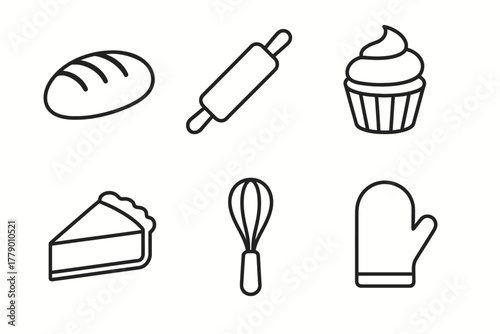 Outline icons of bread, rolling pin, cupcake, pie, whisk, and oven mitt