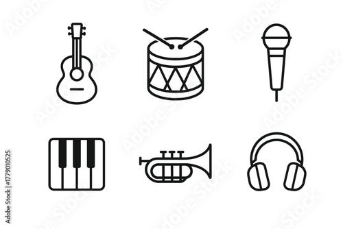 Musical icons set: guitar, drum, microphone, piano, trumpet, headphones