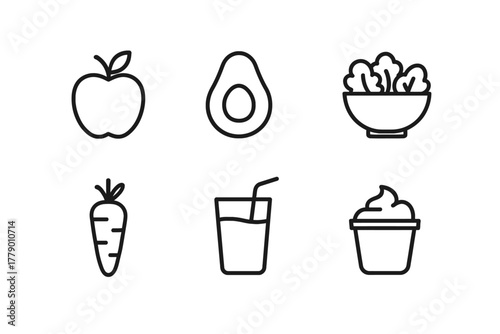 Healthy food icons: apple, avocado, salad, carrot, juice, yogurt