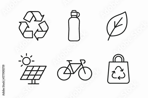Eco-friendly icons: recycling, solar panel, reusable items, and green symbols