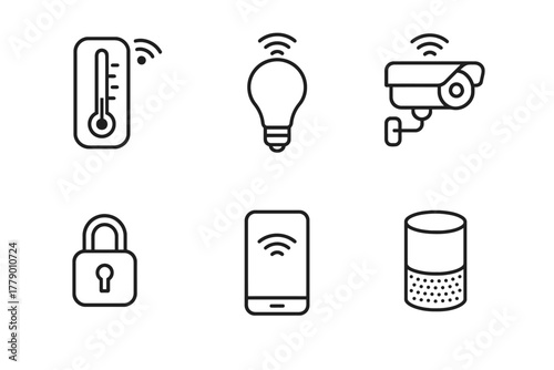 Smart home device icons: thermostat, light bulb, security camera, lock, smartphone, speaker