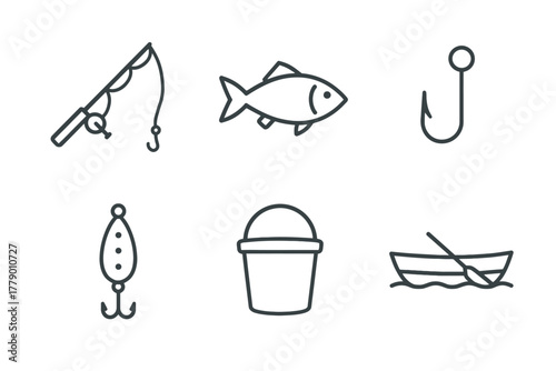 Simple fishing icon set featuring rod, fish, hook, lure, bucket, and boat