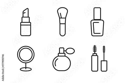 Minimalist outline icons of lipstick, brush, nail polish, mirror, perfume, mascara