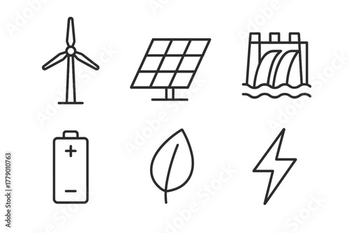 Renewable energy icons: wind, solar, hydro, battery, leaf, lightning