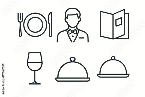 Minimalist icon set of dining elements with male waiter