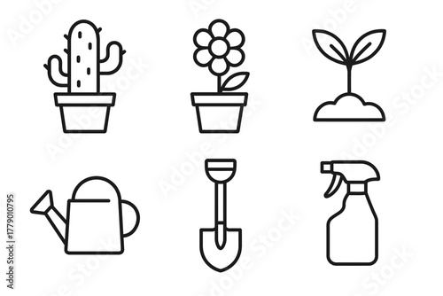 Garden icon set: cactus, flower, seedling, watering can, shovel, spray bottle