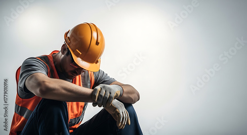 Burned out worker in hard hat and safety vest, sitting with head bowed, representing job stress and fatigue.