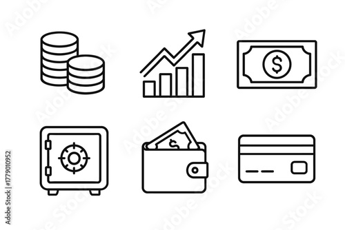 Finance icons: currency, growth, security, wallet, credit card, safe