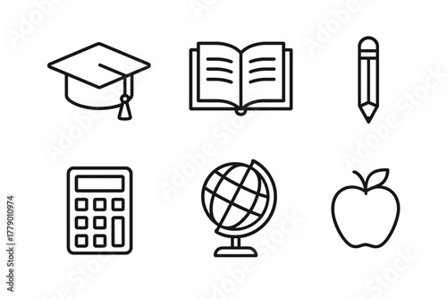 Set of education icons: graduation cap, book, pencil, calculator, globe, apple