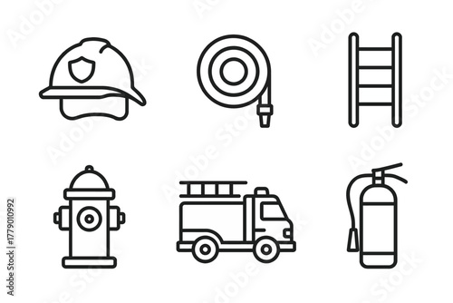 Firefighting equipment icons: helmet, hose, ladder, hydrant, truck, extinguisher