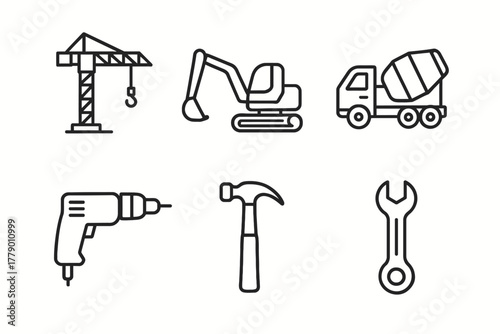 Construction tools and equipment icons: crane, excavator, cement truck, drill, hammer, wrench