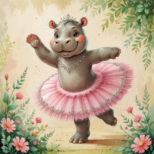 Vintage Children’s Illustration – Hippopotamus Ballerina with Fluffy Tutu and Botanical Details