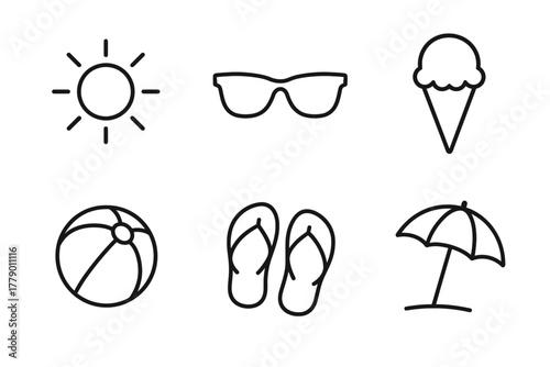 Summer symbols: sun, sunglasses, ice cream, beach ball, flip-flops, umbrella icons