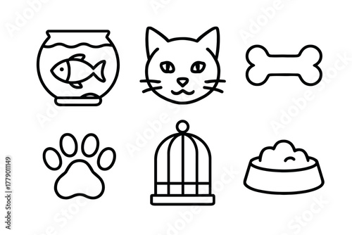Pet care icons: fish bowl, cat face, bone, paw print, birdcage, food bowl
