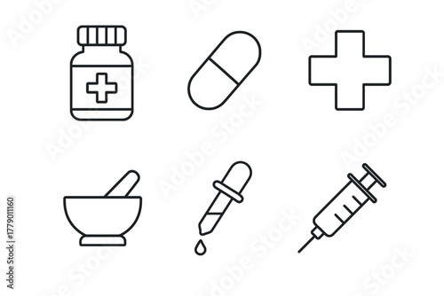 Medical icons set including medicine bottle, pill, cross, mortar, dropper, and syringe