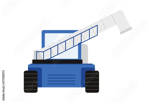Front view of a blue industrial machine with conveyor arm on white isolated background vector illustration