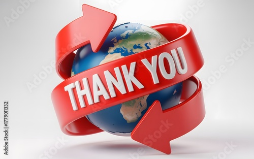 Red ribbon with thank you text wrapped around planet earth globe