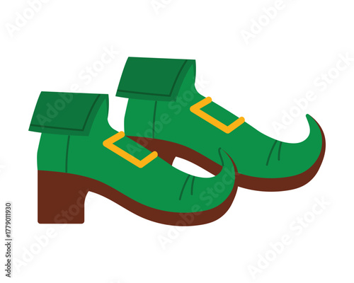Green pointed leprechaun shoes with gold buckles on a white isolated background vector illustration