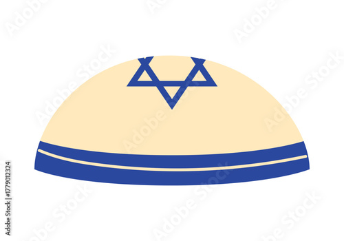 Traditional isolated Jewish kippah featuring blue Star of David on white background vector illustration