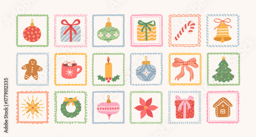 Set of Christmas hand drawn cute doodle elements in decorative frames. Christmas tree, gift, star, bow, candy cane, baubles, cacao, wreath, poinsettia, holly. Holiday retro vector icons and stickers.