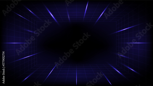 A futuristic or retro 80s style background with a deep blue glowing neon perspective grid extending into darkness, framed by bright light streaks