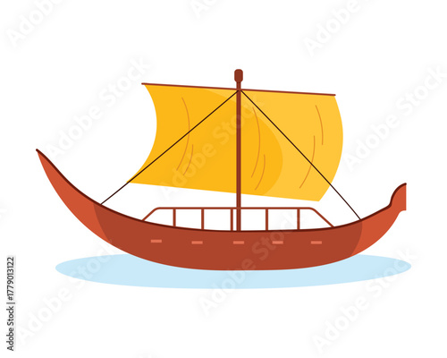 Traditional ancient Egypt boat with yellow sail on white background, isolated vector illustration