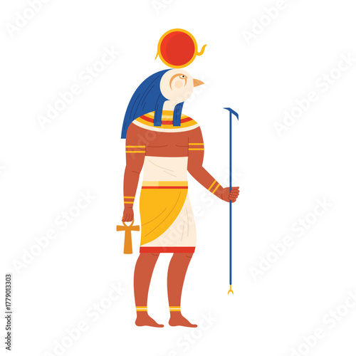 Colorful isolated depiction of Egyptian sun god Ra with ankh and staff on white vector illustration