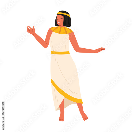 Smiling ancient Egyptian woman in white and gold costume on isolated white background vector illustration