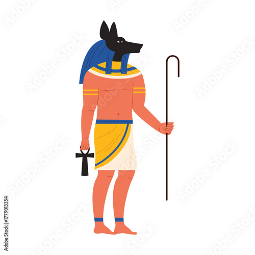 Stylized isolated depiction of Anubis, ancient Egyptian god with jackal head, holding ankh vector illustration
