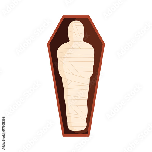 Isolated ancient Egyptian mummy wrapped in bandages inside a brown wooden sarcophagus vector illustration