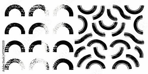 Abstract black and white grunge arcs and curved lines seamless pattern design