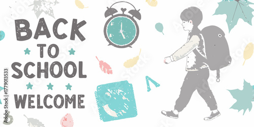 Back to school welcome with boy carrying backpack and alarm clock illustration