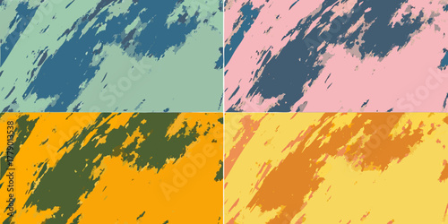 Four abstract panels with textured brush strokes in contrasting color palettes
