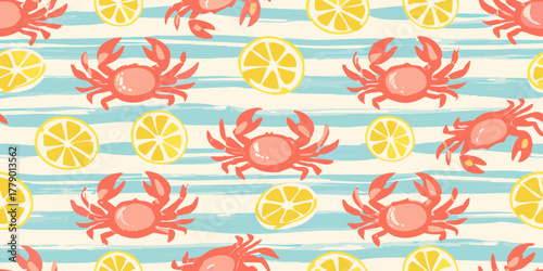 Seamless pattern of cute coral crabs and yellow lemon slices on a light blue and cream striped background