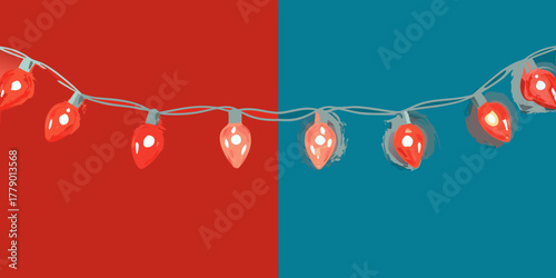 String of red christmas lights against a split red and blue background