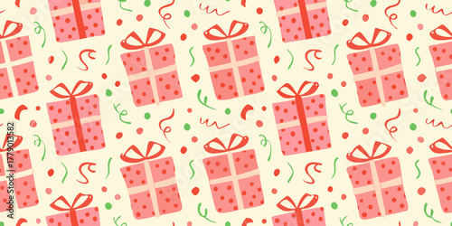 Seamless pattern of pink polka dot gift boxes with red ribbons and confetti