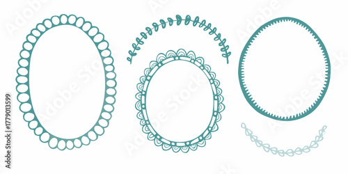 Collection of decorative oval and circular frames with floral and beaded edges in teal color