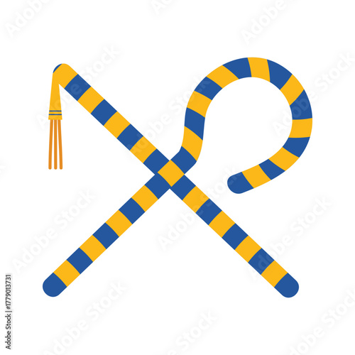 Isolated blue and gold striped Egyptian pharaoh scepter and flail symbol on white vector illustration