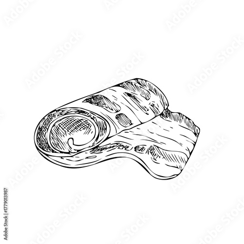 Vector Bacon Strip. Graphic ink pork slice of delicious meat illustration, isolated on background. Hand drawn line sketch. For designers, prints, logo, icon, menu, postcards, holiday, covers