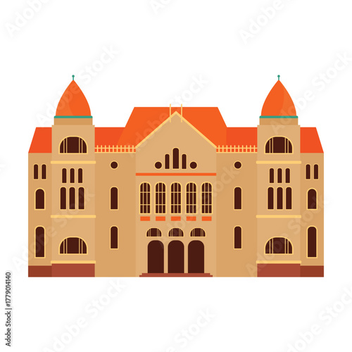 Iconic Finland architecture with red roof and towers, historic landmark isolated on white vector illustration