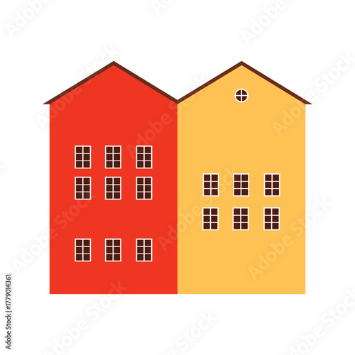 Simple isolated Finland style colorful house facades with geometric windows on white background vector illustration