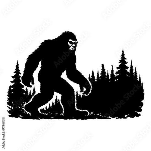 Mysterious bigfoot silhouette walking through a dark pine forest at twilight