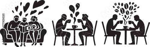 Business Meeting Silhouette — Three People Collaborating at a Table with Computer, Minimalist Black and White Design