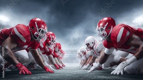 Two teams of football players line up on the field, ready to compete. Wearing bold red and white uniforms, they prepare for an intense championship match beneath bright stadium lights