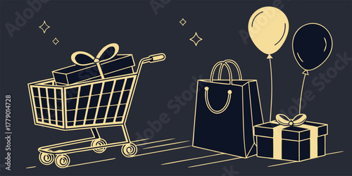 Foto Premium 3D render scene of shopping cart, red bow gifts, and paper bags for Black Friday sale advertising banner
