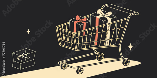 3D illustration of shopping cart and paper bag surrounded by gift boxes on black background, perfect for Black Friday sale promotion.