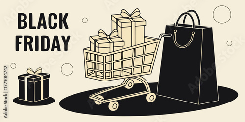 Realistic 3D Black Friday banner with paper bag, shopping cart, and wrapped gift boxes on matte black backdrop, elegant advertising concept.