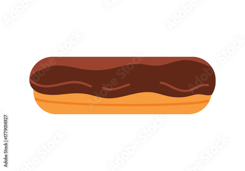 Minimal flat design of a classic French chocolate eclair dessert on white isolated background vector illustration