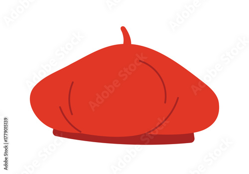 Simple red French beret hat on white background, perfect for fashion or travel themes, isolated vector illustration