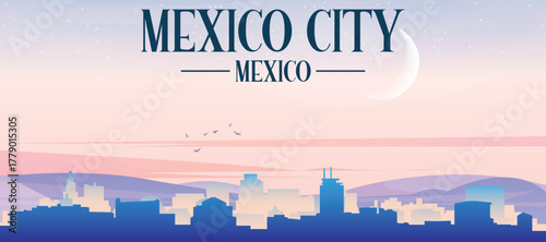 Panoramic poster of the city skyline with misty background buildings, hills sunrise, sunset and clouds of MEXICO CITY, MEXICO